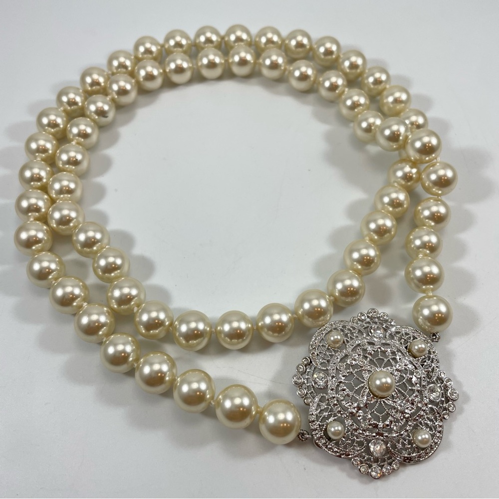 Camrose & Kross JBK  Silver Tone Clear Crystals Glass Pearls Vintage Necklace